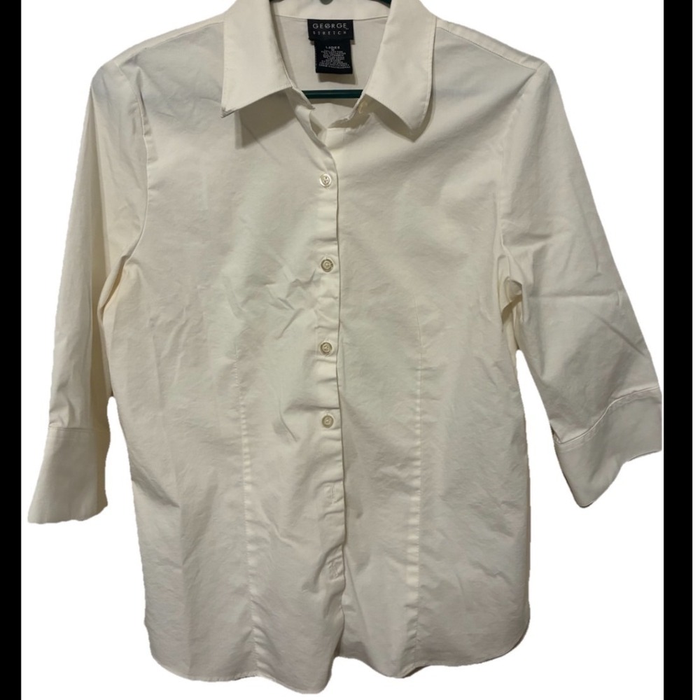George Career Women Ivory Cream Button Down Blouse 3/4 Sleeve Collared Shirt L